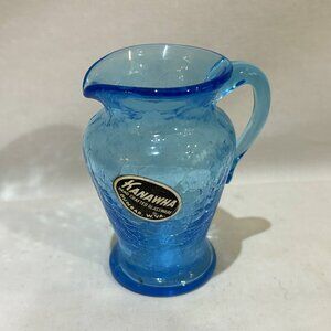 Kanawha Hand Crafted Glassware Blue Crackle Glass Mini Pitcher Creamer